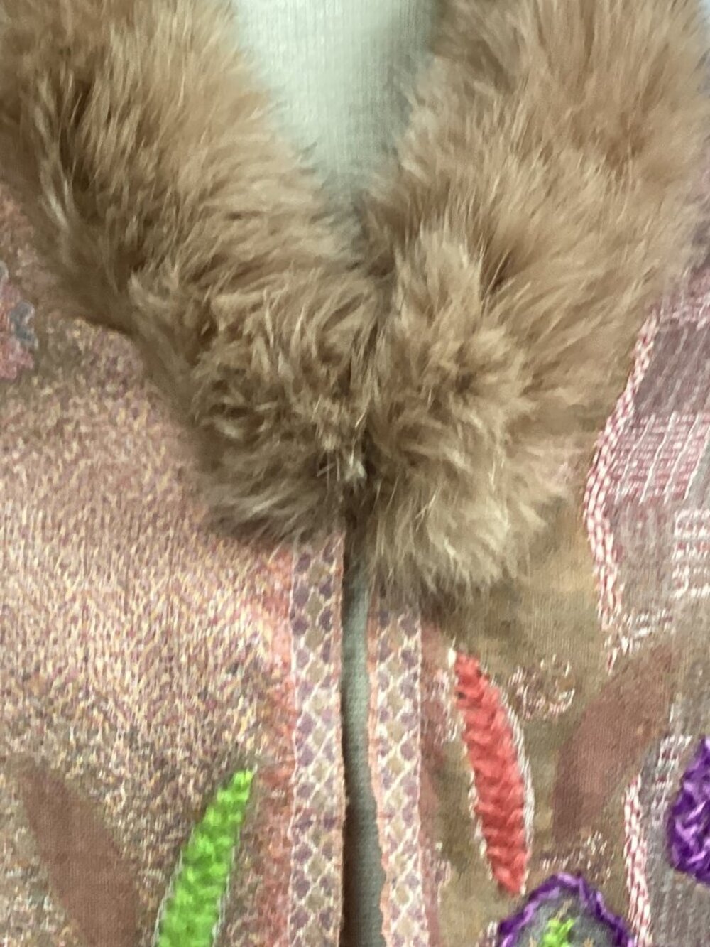 Embroidered Paisley Shawl Wrap with Fox Fur Trim and Tassels - Picture 3 of 13